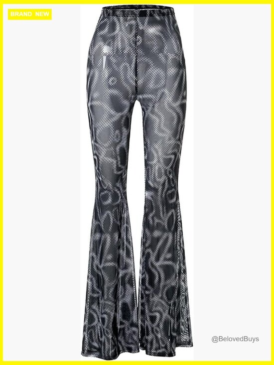 Pants - High Waist Mesh Sheer Pants Flared Bell Bottom Rave Festival Dance Clubwear